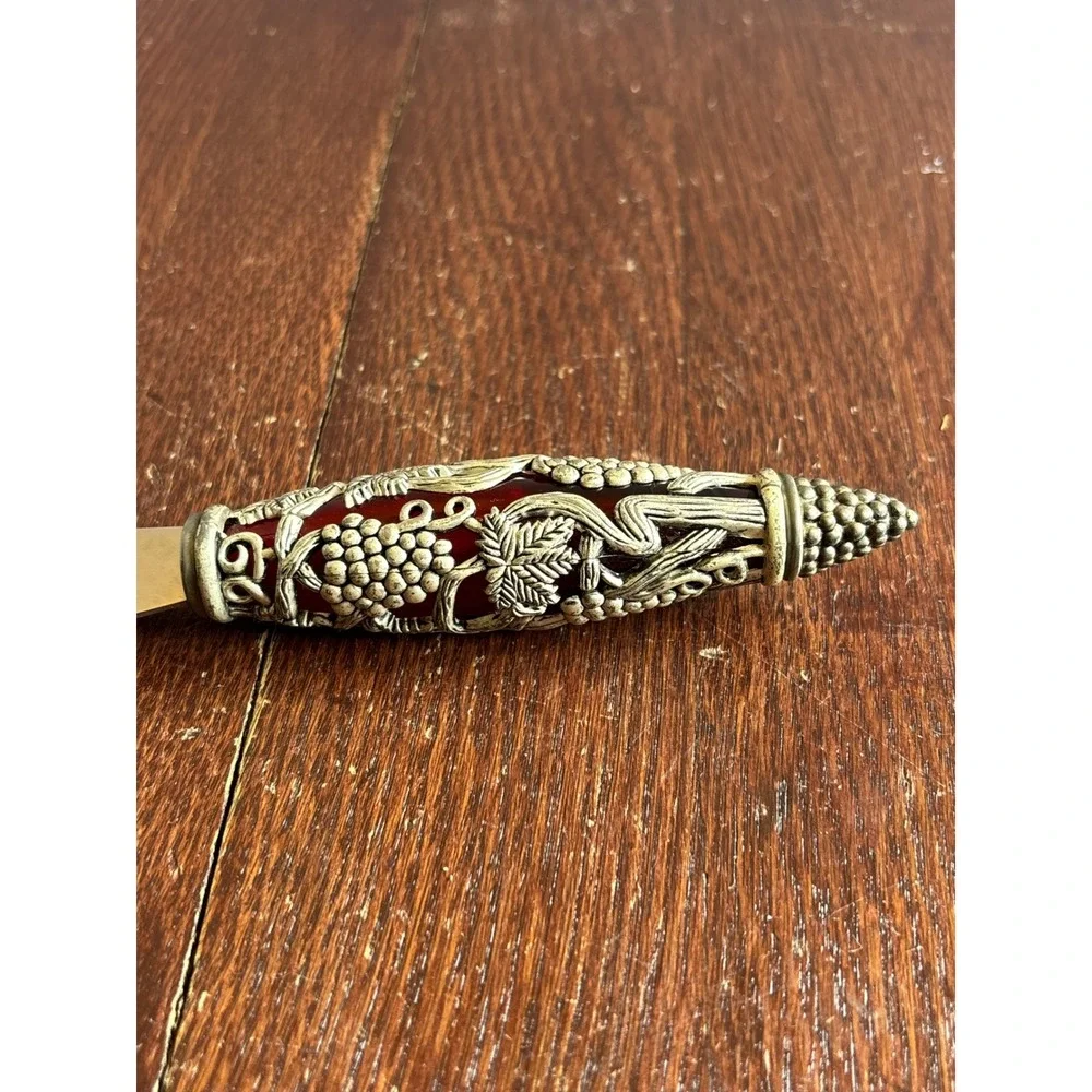 Godinger Silver Art Grape Vine Red Handle Gold Tone Serrated Bread Cheese Knife